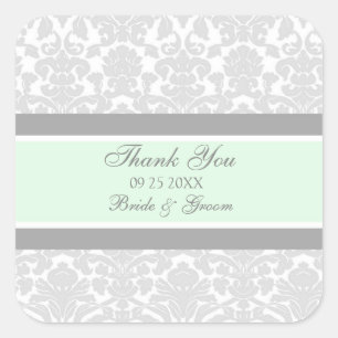 Sticker Carré Gris Mint Damask Merci Wedding Favor Tags