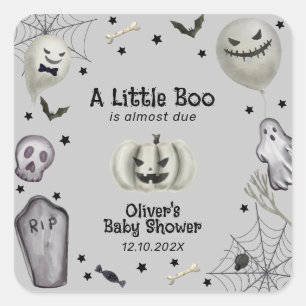 Sticker Carré Gris Moderne Petit Boo Ghost Boy Baby shower