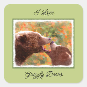 Sticker Carré Grizzly Bear Maman et Cub Peinture Faune Art