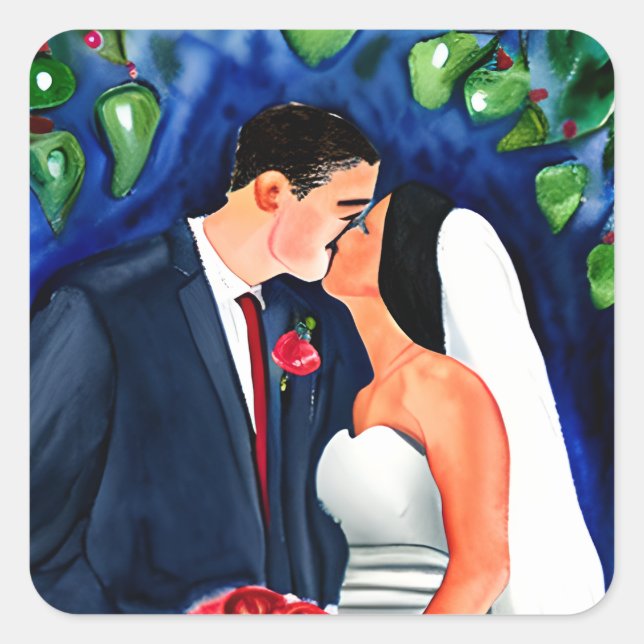 Sticker Carré Groom and Bride viens de se marier Kiss (Devant)