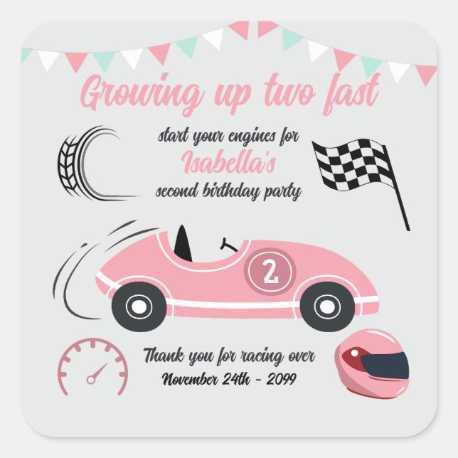 Sticker Carré Grossissant Deux Voiture De Course Rose Festive Ra (Devant)