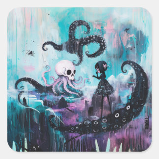 Sticker Carré Guérisseur Octopus Skull Magique Witchy Goth AI Ar