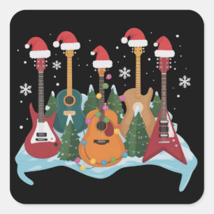 Sticker Carré Guitare Rétro Drôle Noël Arbre de Noël Fêtes