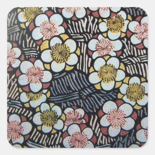 STICKER CARRÉ HAIKU/ NOIR BLANC ROSE JAUNE FLEURS DE PRINTEMPS