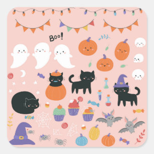 Sticker Carré Halloween avec personnages de dessins animés enfa
