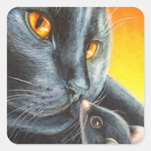 Sticker Carré Halloween Chat noir et souris noire aquarelle Art (Devant)