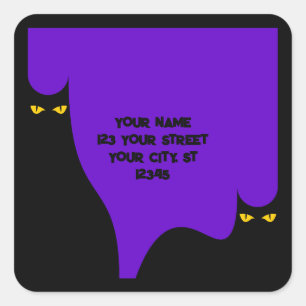 Sticker Carré Halloween Chat Noir Jaune Yeux Éffrayant Violet