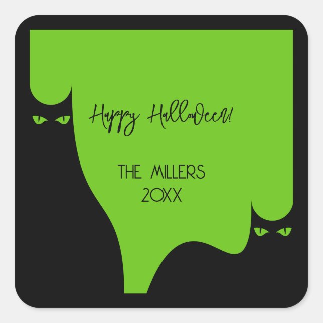 Sticker Carré Halloween Chats Yeux Silhouette Noir Vert Moderne (Devant)