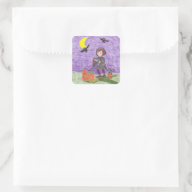 Sticker Carré Halloween cheveux courts sorcier violet autocollan (Sac)