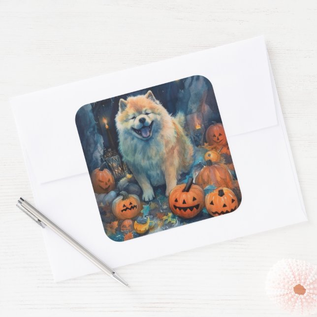 Sticker Carré Halloween Chow Chow Avec La Peur Citrouille (Enveloppe)