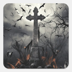 Sticker Carré Halloween cimetière Éffrayant cimetière gothique