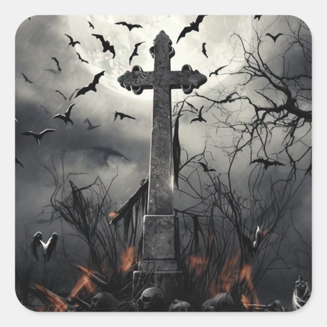 Sticker Carré Halloween cimetière Éffrayant cimetière gothique (Devant)