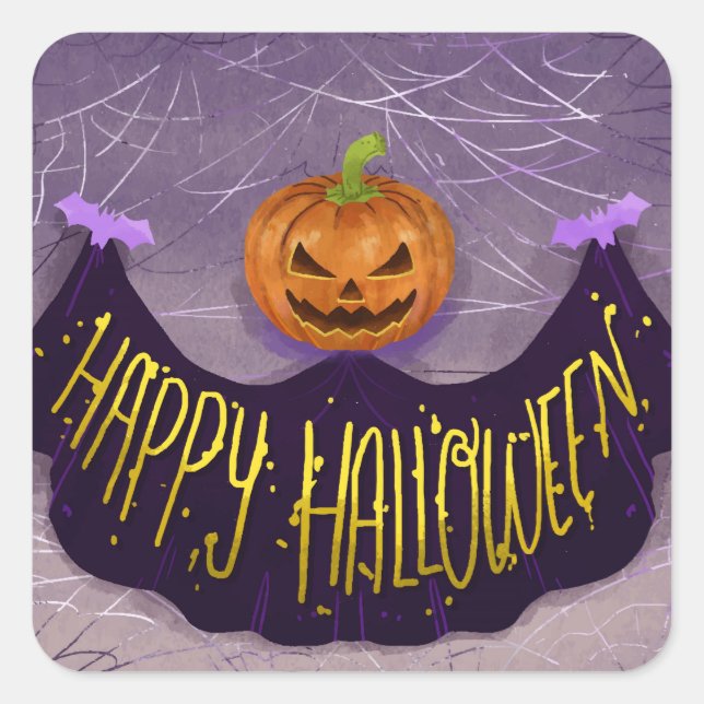Sticker Carré Halloween - Citrouille Éffrayant avec bannière (Devant)