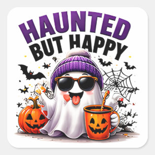 Sticker Carré Halloween Citrouille Fantôme Drôle Heureux