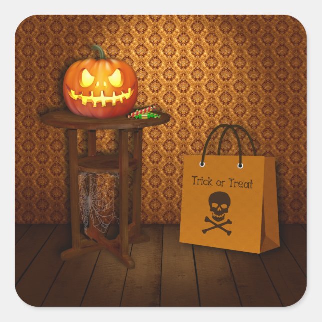 Sticker Carré Halloween Citrouille Trick ou traitement (Devant)