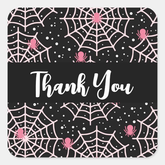 Sticker Carré Halloween Cobwebs et araignées Motif Merci (Devant)