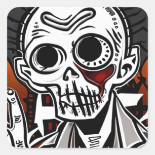 Sticker Carré Halloween déplaisant noir et orange squelette