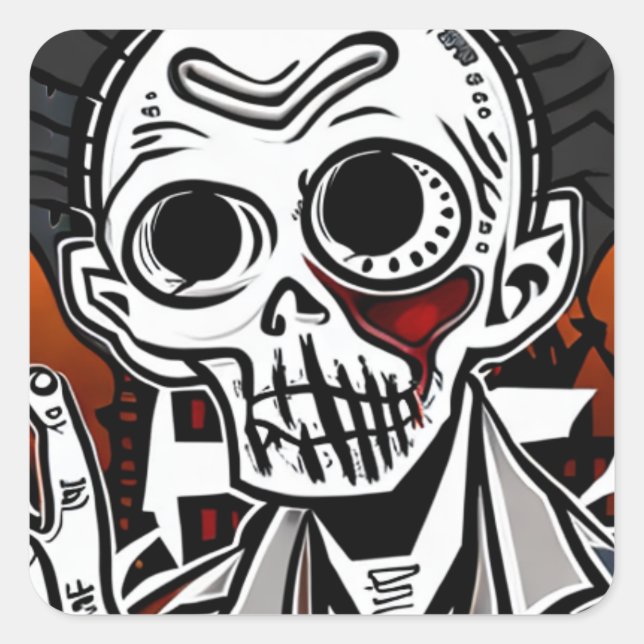 Sticker Carré Halloween déplaisant noir et orange squelette (Devant)