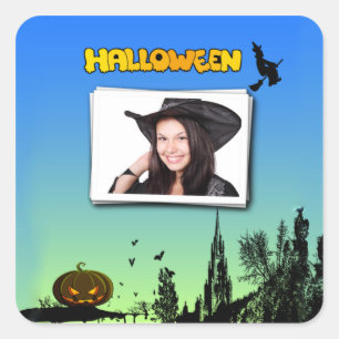 Sticker Carré Halloween Dusk with Witch Ajouter cadre photo