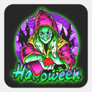 Sticker Carré Halloween Éffrayant Green sorcière magique Casquet
