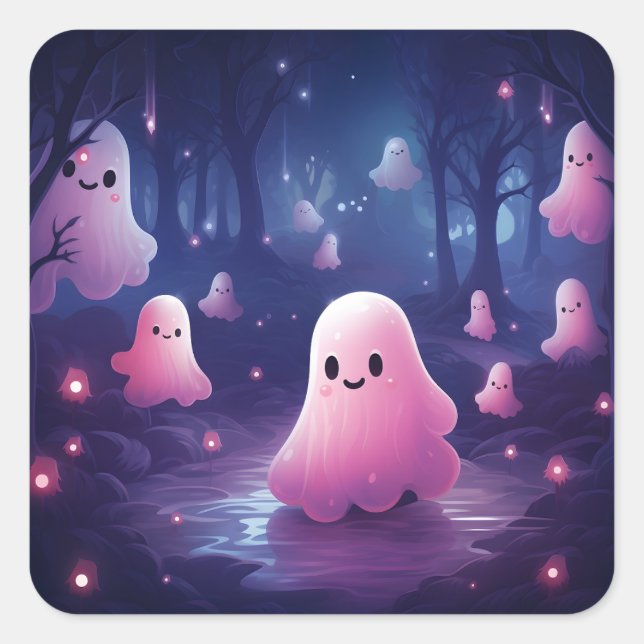 Sticker Carré Halloween En Forêt Fantômes Roses (Devant)