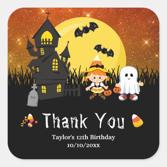 Sticker Carré Halloween Fête Sorcière Ghost Orange (Devant)