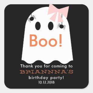Sticker Carré Halloween Fille Fantôme Anniversaire Merci Noir