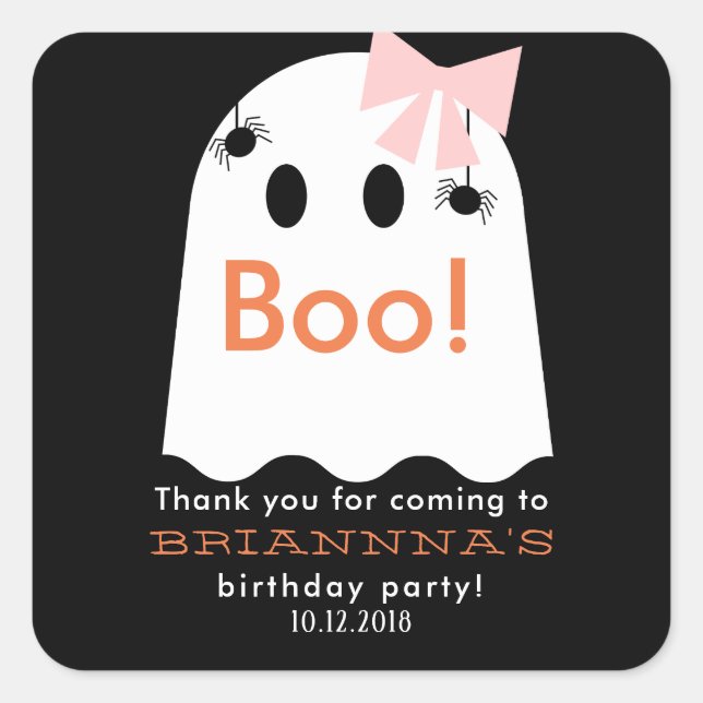 Sticker Carré Halloween Fille Fantôme Anniversaire Merci Noir (Devant)