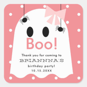 Sticker Carré Halloween Fille Fantôme Anniversaire Merci rose