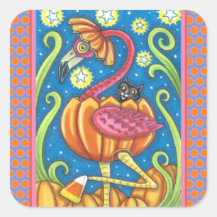 STICKER CARRÉ HALLOWEEN FLAMANT ROSE ROSE & CHAT NOIR EN CITROUI