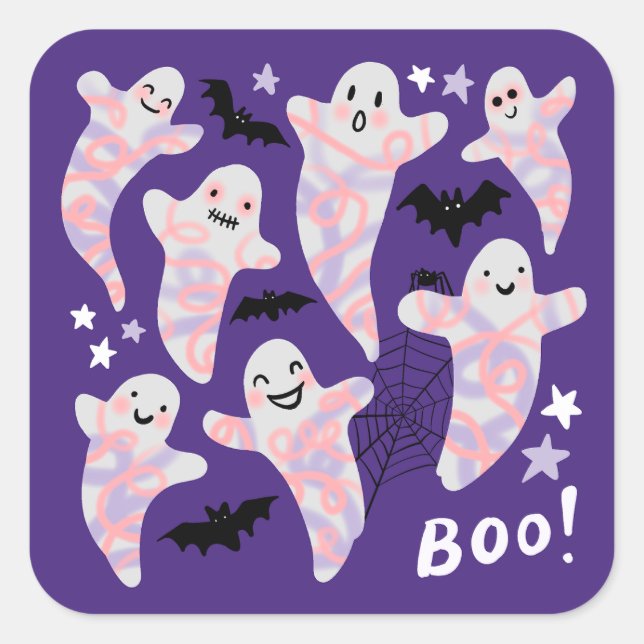 Sticker Carré Halloween Fun Cute Boos chauve-souris violet (Devant)