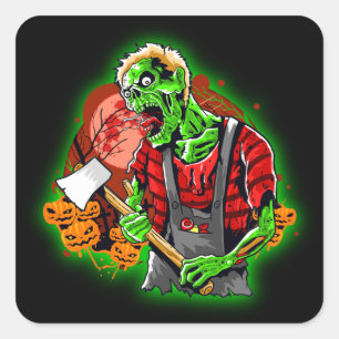 Sticker Carré Halloween Funny Green Zombie Ax sur
