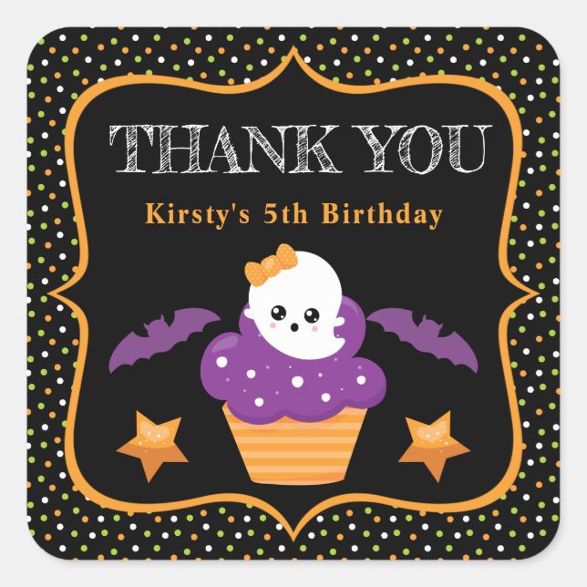 Sticker Carré Halloween Ghost Cupcake & Pois Anniversaire (Devant)