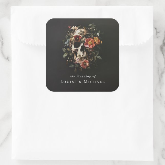 Sticker Carré Halloween Gothique Crâne Mariage floral (Sac)