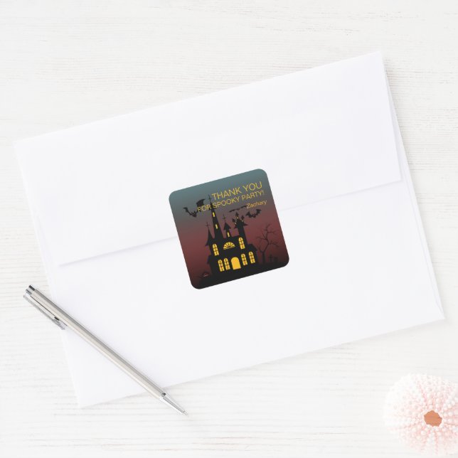 Sticker Carré Halloween Haunted House Merci (Enveloppe)