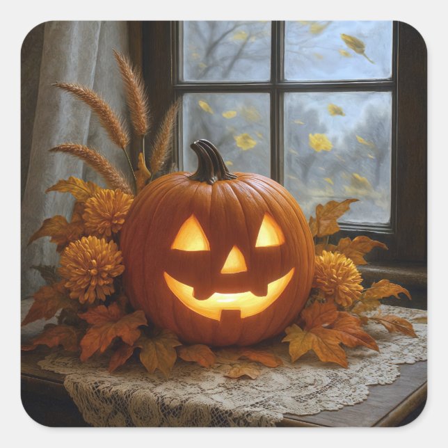Sticker Carré Halloween Jack-o-Lanterne En Fleurs D'Automne (Devant)