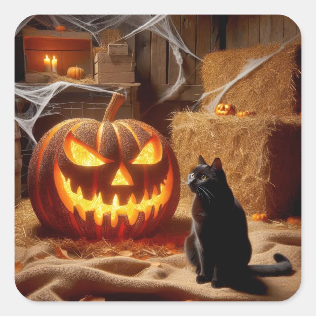 Sticker Carré Halloween Jack-o-lanterne et chat en grange (Devant)