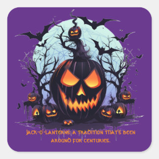 Sticker Carré Halloween Jack O'Lantern Et Bats