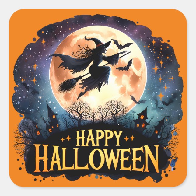 Sticker Carré Halloween joyeuse - Sorcière en vol Broom (Devant)