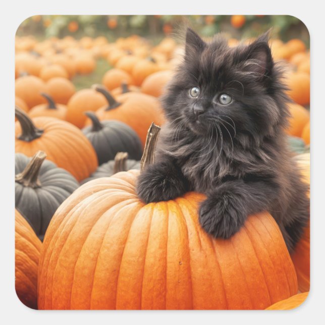 Sticker Carré Halloween Kitten noir sur un Citrouille (Devant)