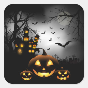 Sticker Carré Halloween - lune éffrayante de gris de citrouille