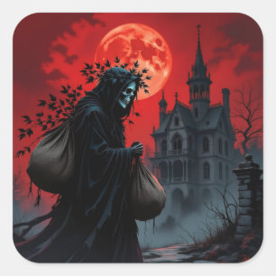 Sticker Carré Halloween Lune Rouge