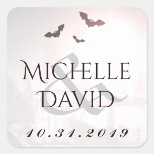 Sticker Carré Halloween Mariage chauves-souris noms et date Carr