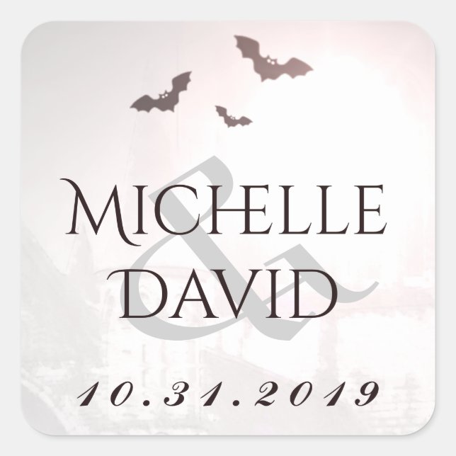 Sticker Carré Halloween Mariage chauves-souris noms et date Carr (Devant)