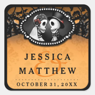 Sticker Carré Halloween Mariage Orange noir Skeletons Merci