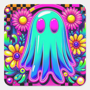 Sticker Carré Halloween néon floral rétro fantôme