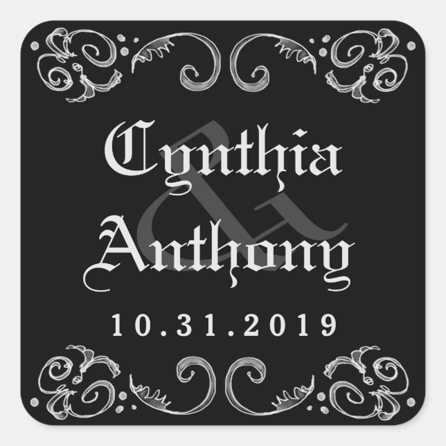 Sticker Carré Halloween Noir Blanc Noms gothiques & Mariage Date (Devant)