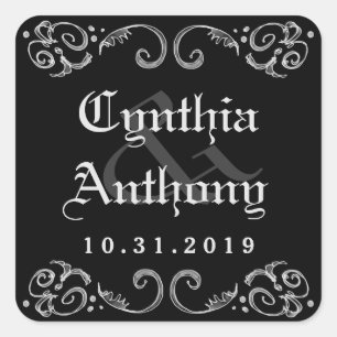 Sticker Carré Halloween Noir Blanc Noms gothiques & Mariage Date