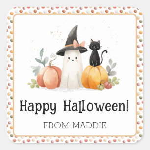 Sticker Carré Halloween personnalisé avec fantôme et chat noir