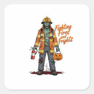 Sticker Carré Halloween pompier combattre les incendies et les p